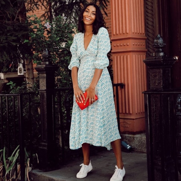 pink puff sleeve dress midi Elegant Puff Sleeve Split Midi Dress in Pink Pink / S